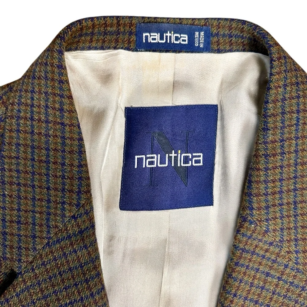 VTG Nautica Men's 44R Houndstooth Sport Coat Brown Tweed‎ Blazer Jacket 2 Button